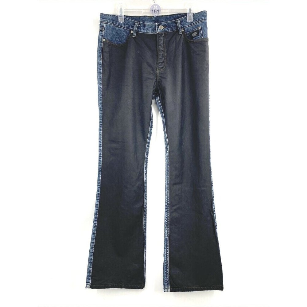 Harley-Davidson Motorcycles Women's 14 Black Leather Front Denim Blue Jeans 
